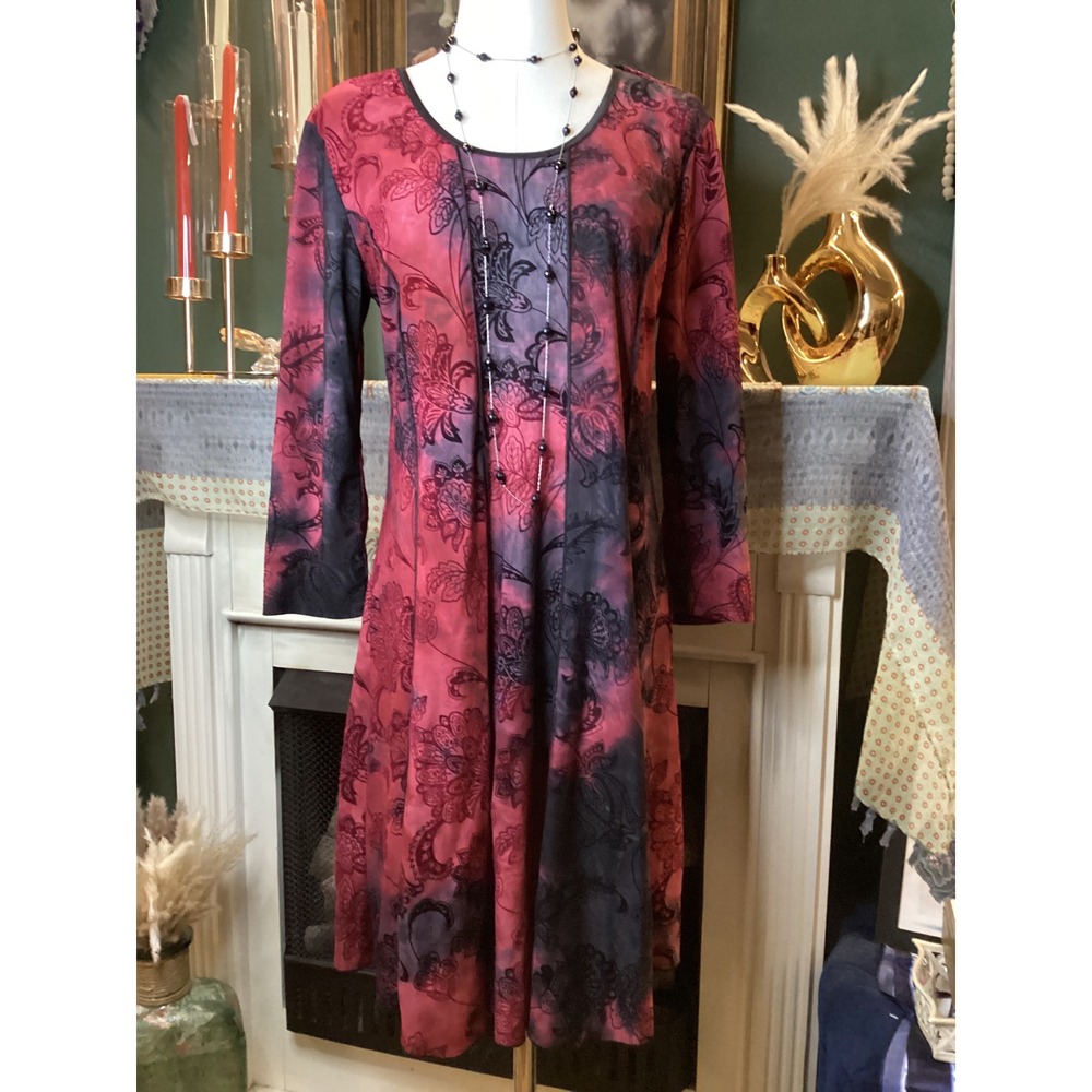 Sami & Jo Red Black Y2K Floral Print Long Sleeve A-Line Dress Large